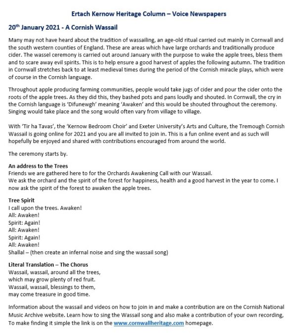 Ertach Kernow Heritage Column - 20th January 2021 - A Cornish Wassail