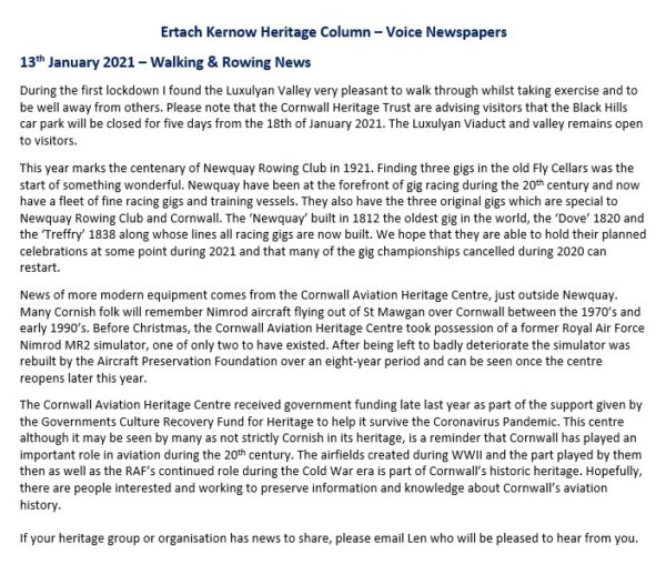 Ertach Kernow Heritage Column - 13th January 2021 – Walking & Rowing News