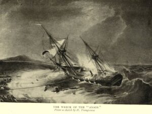 The Wreck of the HMS Anson from a sketch by Henry Trengrouse illustrating use of his future lifesaving euipment