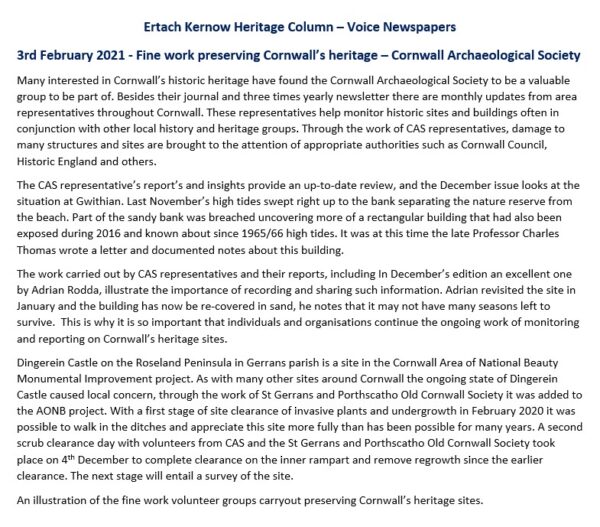 Ertach Kernow Heritage Column - 3rd February 2021 - Fine Volunteer Work - Cornwall Archaeological Society
