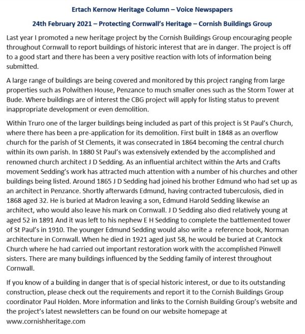 Ertach Kernow Heritage Column - 24th February 2021 – Protecting Cornwall's Heritage - Cornish Buildings Group