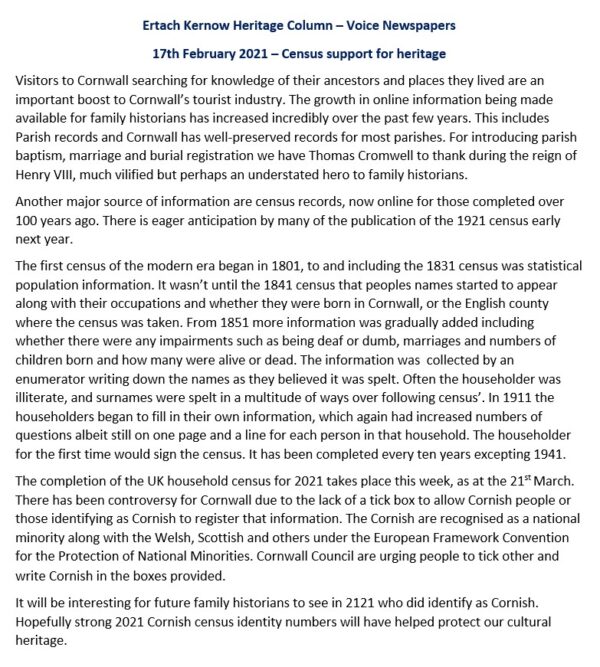 Ertach Kernow Heritage Column – 17th March 2021 - Census support for heritage