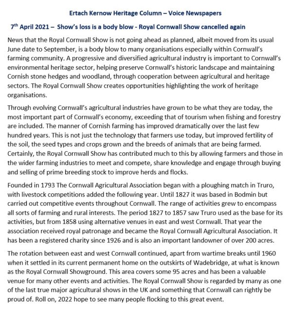 Ertach Kernow Heritage Column - 7th April 2021 - Shows loss is a body blow - Royal Cornwall Show cancelled again
