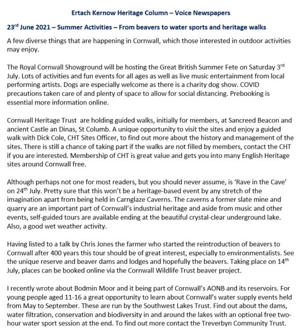  Ertach Kernow Heritage Column - 23 June 2021 - Summer Activities