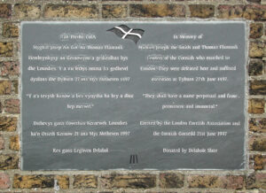 Commemorative plaque in Cornish and English for Michael Joseph the Smith (An Gof) and Thomas Flamank mounted on the north side of Blackheath Common, south east London, near the south entrance to Greenwich Park.