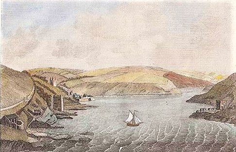 Town Haven Castle Fowey engraving by J. Newton. Published by S. Hooper in 1787 with later hand colouring