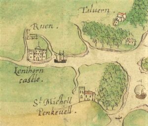 Ruan Lanihorne Castle on Boazio's map 1597