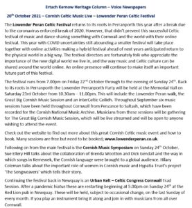 Ertach Kernow Heritage Column - 20th October 2021 - Cornish Celtic Music Live – Lowender Peran Celtic Festival