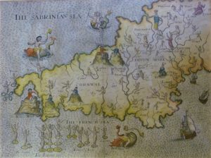 Poly-Olbion by Michael Drayton Early 17th century hand coloured map of Cornwall & Devon (ACH - Newquay Museum)