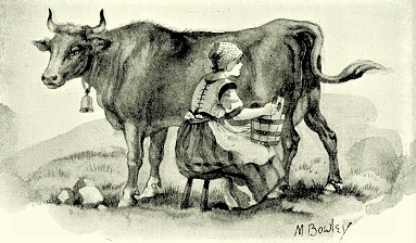 Victorian engraving of a Milkmaid milking a cow