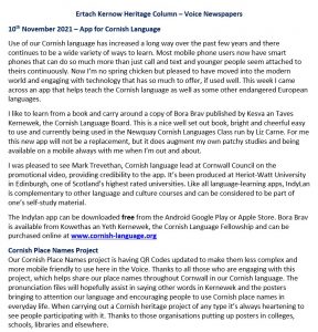 [72] Ertach Kernow Heritage Column - 10th November 2021 - Cornish Language App & Project