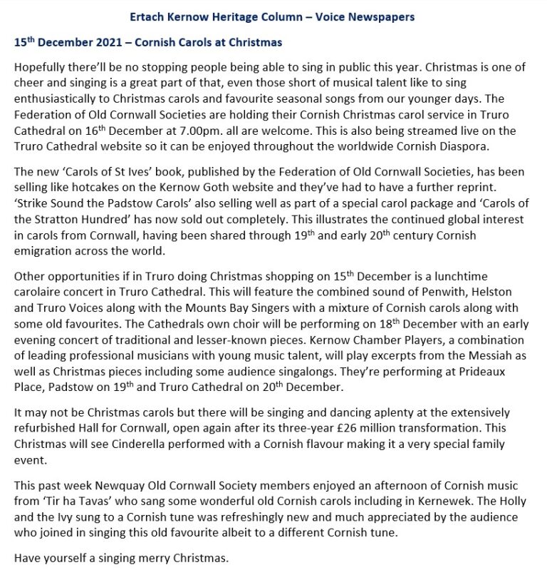  77 Ertach Kernow Heritage Column 15th December 2021 Cornish Carols 