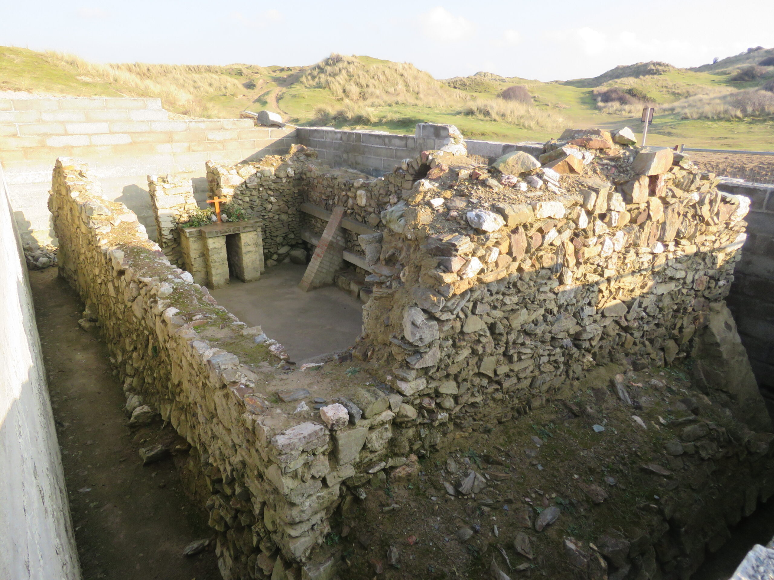 St Piran's Oratory inside partially removed shell