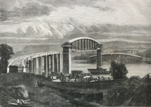 Engraving 1858 Saltash, Royal Albert Railway Bridge, under construction