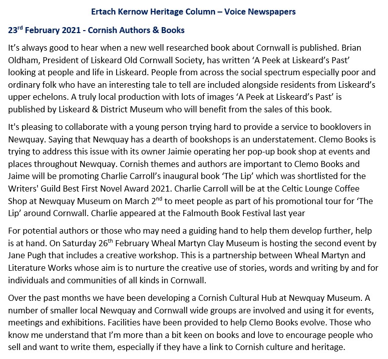 Ertach Kernow Heritage Column - 23rd February 2022 - Cornish Books and Authors