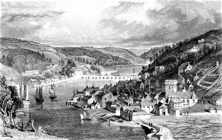 East & West Looe circa 1825 showing medieval 14 arched bridge