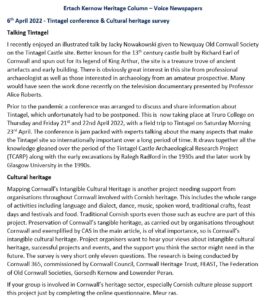 Ertach Kernow Heritage Column - 6th April 2022 - Tintagel Conference