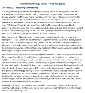 Ertach Kernow Heritage Column - 8th June 2022 - Preserving & Protecting