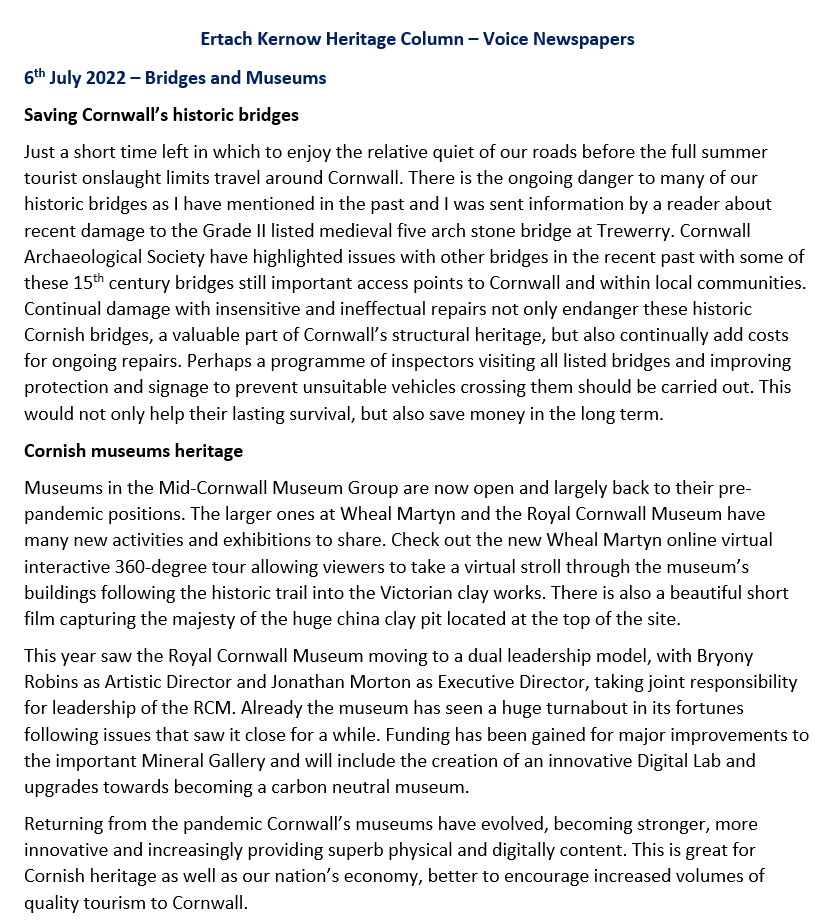 Ertach Kernow Heritage Column - 6th July 2022 - Bridges and Museums