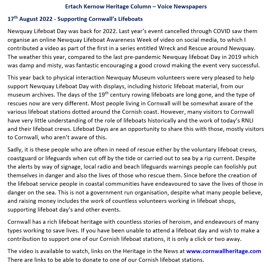 Ertach Kernow Heritage Column - 17th August 2022 - Supporting Cornwall's Lifeboats