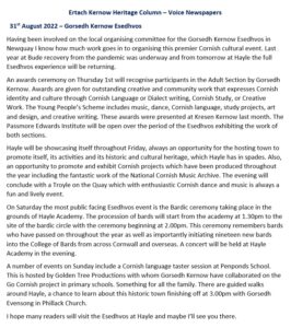 Ertach Kernow Heritage Column - 31st August 2022 - Gorsedh Kernow Esedhvos