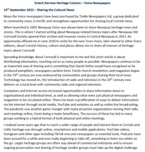 Ertach Kernow Heritage Column - 14th September 2022 - Sharing the cultural news