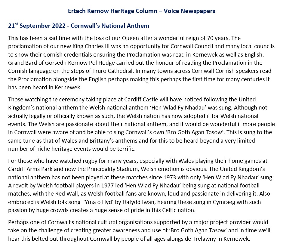 Ertach Kernow Heritage Column - 21st September 2022 - Cornwall's National Anthem