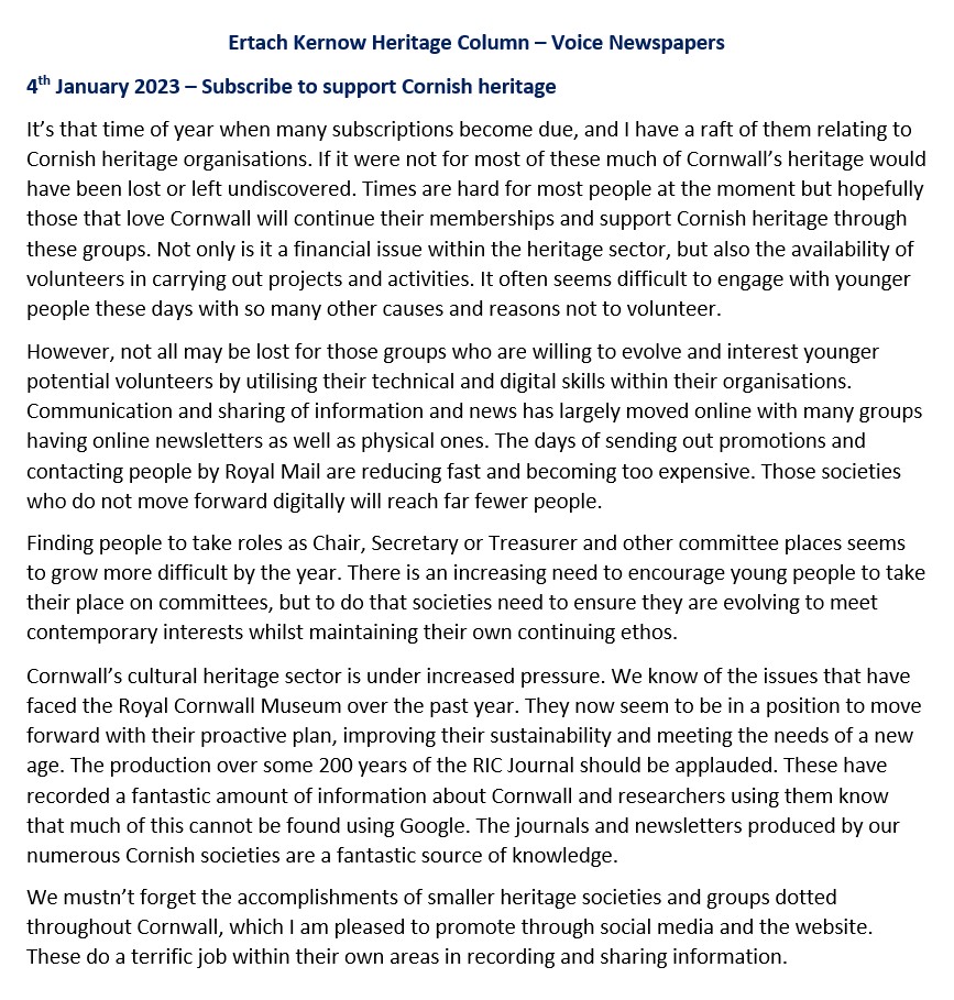  Ertach Kernow Heritage Column - 4th January 2023 - Subscribe to support Cornish heritage