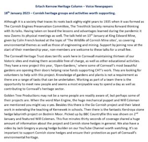 Ertach Kernow Heritage Column - 18th January 2023 - Supporting Cornish Groups