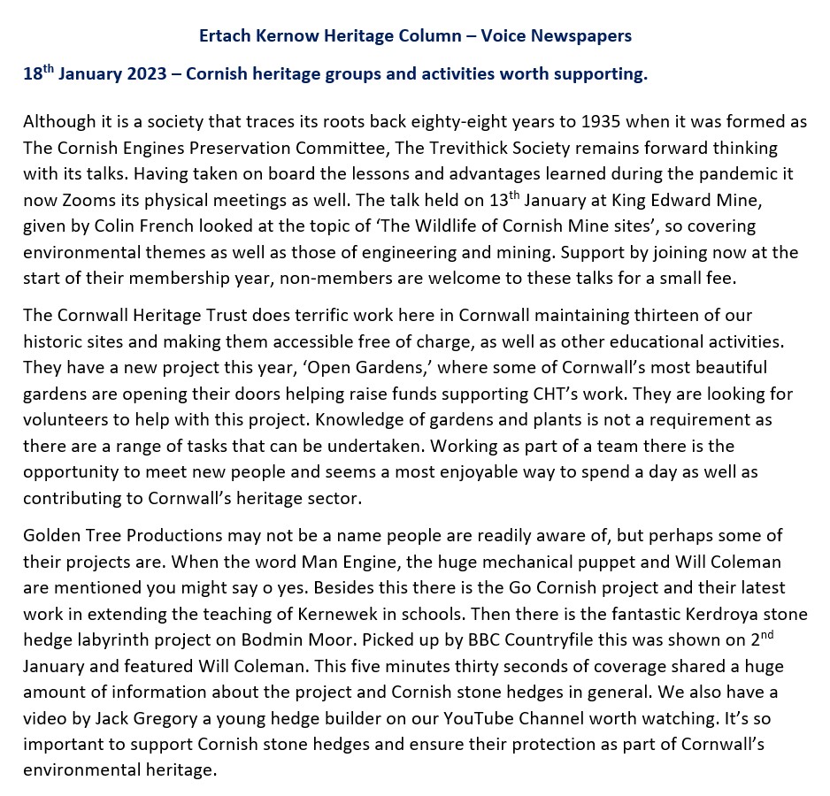 Ertach Kernow Heritage Column - 18th January 2023 - Supporting Cornish Groups