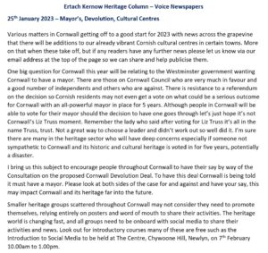Ertach Kernow Heritage Column - 25th January 2023 - Mayors, Devolution & Cultural Centres
