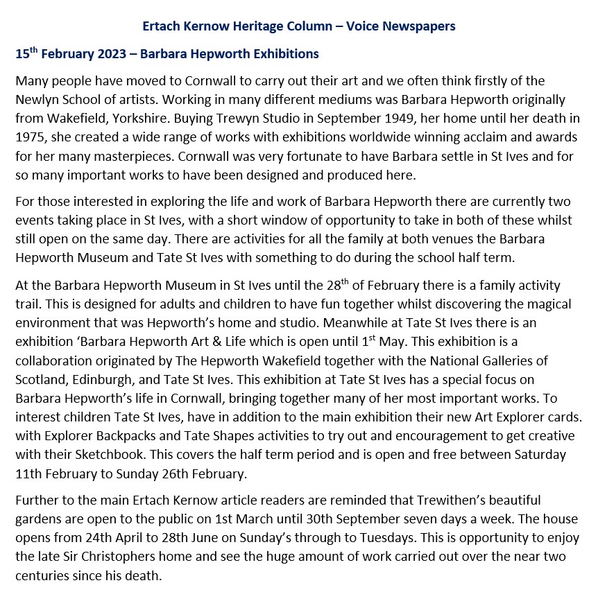 Ertach Kernow Heritage Column - 15th February 2023 - Barbara Hepworth Exhibitions