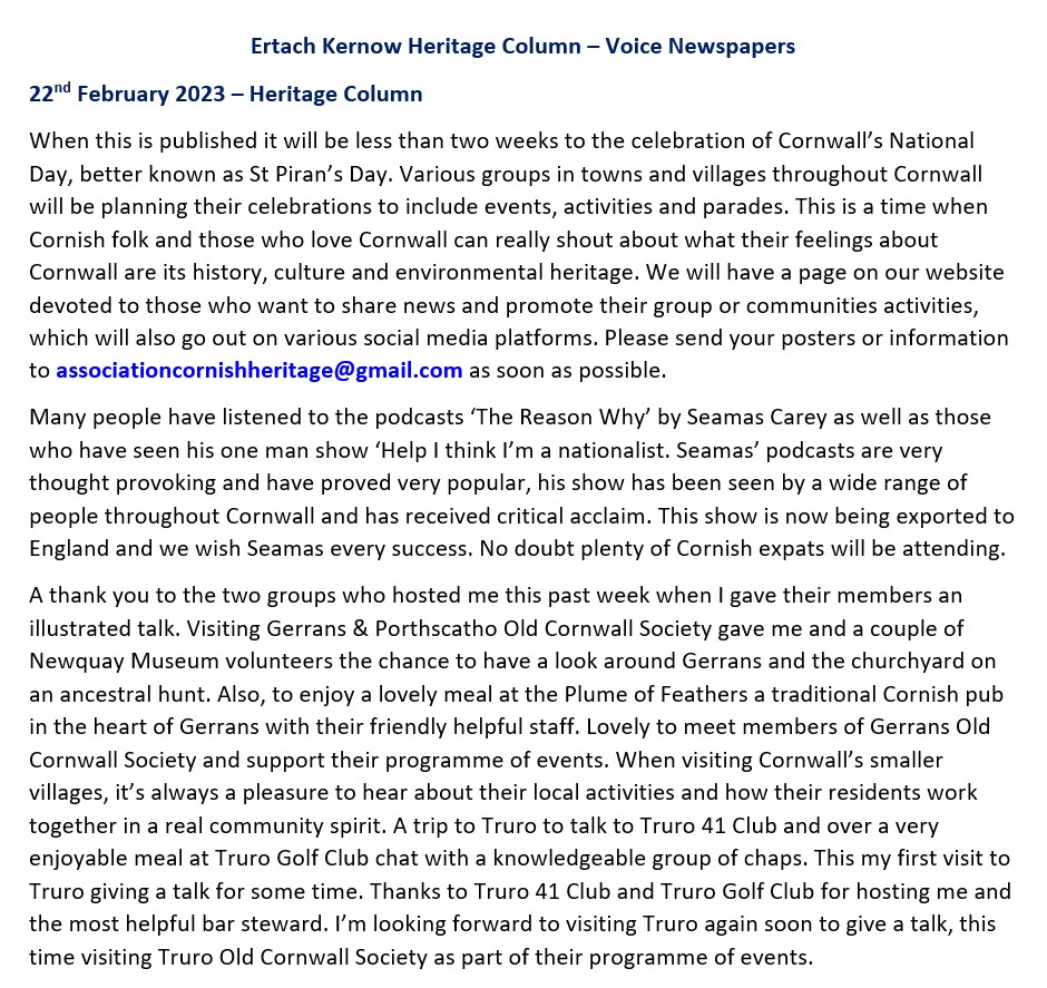 Ertach Kernow Heritage Column - 22nd February 2023 - St Piran's Seamas Carey, Talks