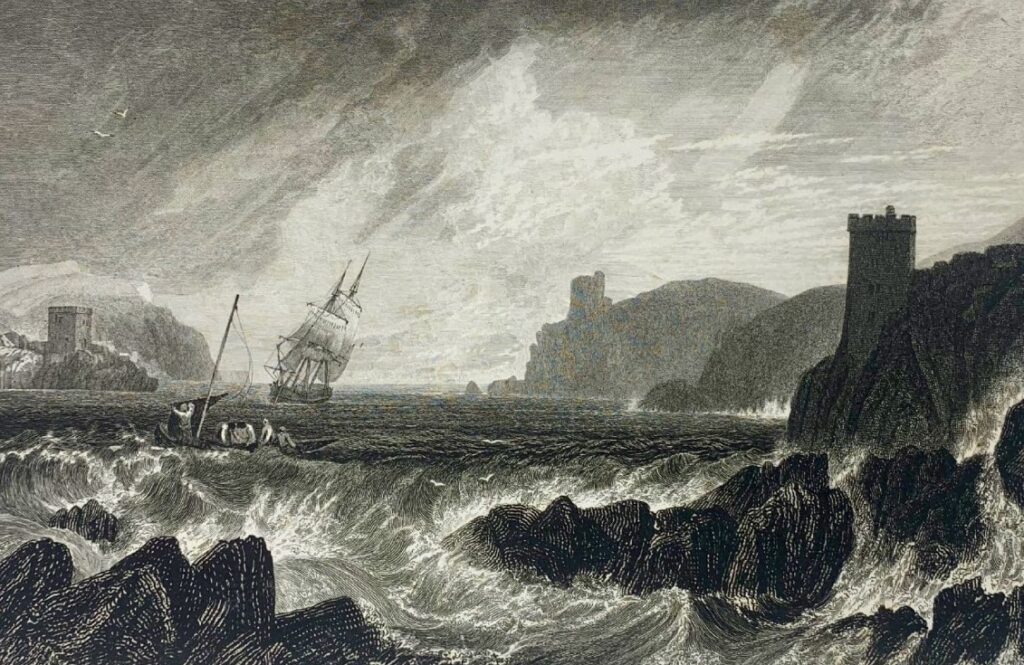 Entrance to Fowey Harbour - Engraving from drawing by J M W Turner showing blockhouses