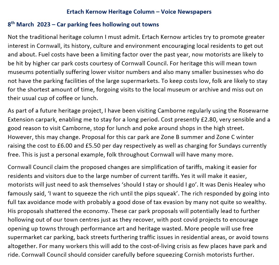 Ertach Kernow Heritage Column - 8th March 2023 - Car parking fees hollowing out towns