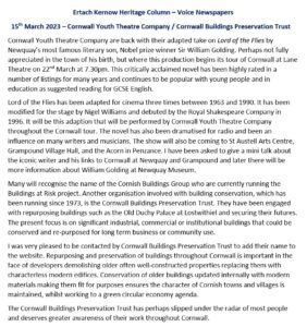 Ertach Kernow Heritage Column - 15th March 2023 - Cornwall Youth Theatre Company - Cornwall Buildings Preservation Trust