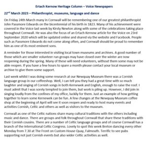 Ertach Kernow Heritage Column - 22nd March 2023 