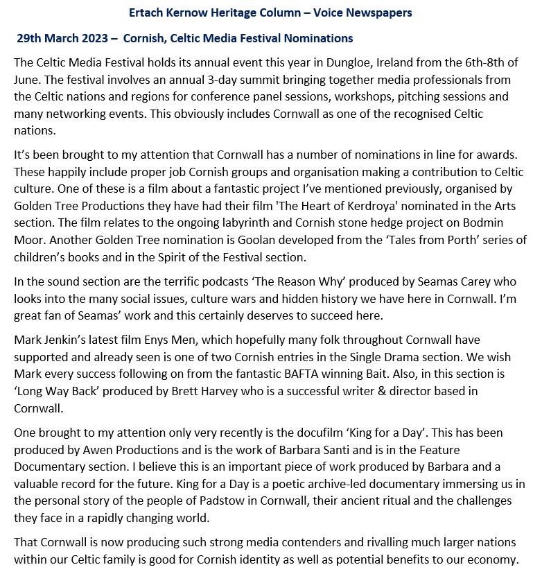 Ertach Kernow Heritage Column - 29 March 2023 - Celtic Media Festival