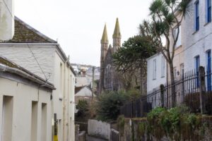Polruan's historic narrow streets towards former Methodist Chapel