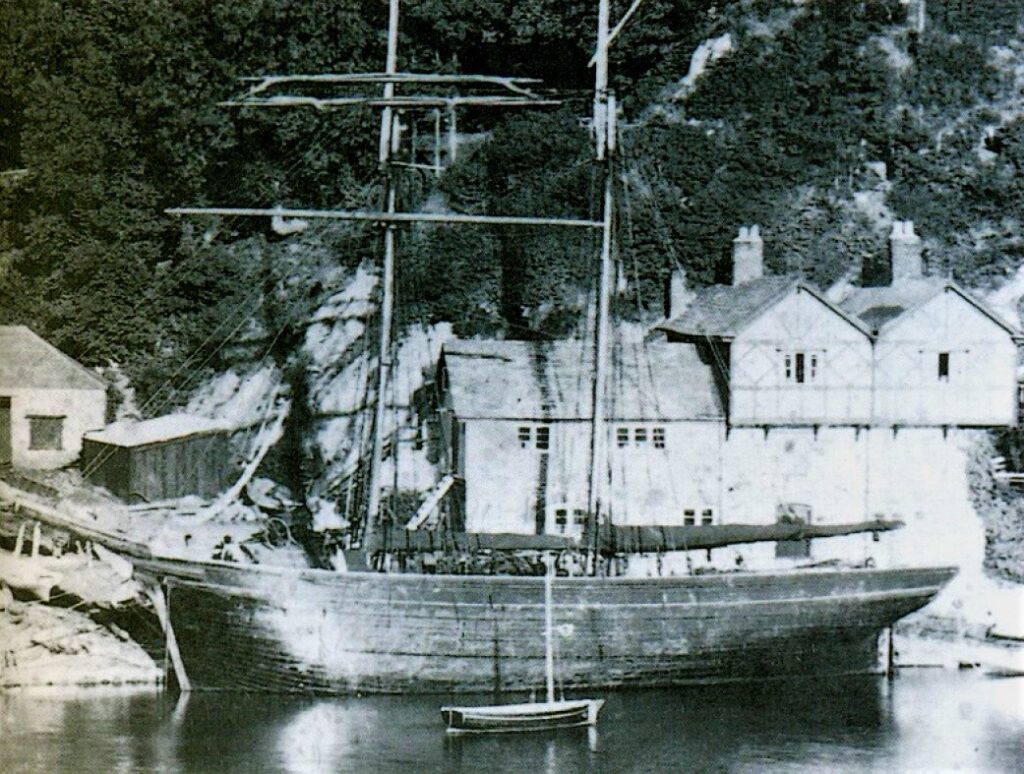 Schooner alongside Butsons Boatyard at Bodinnick