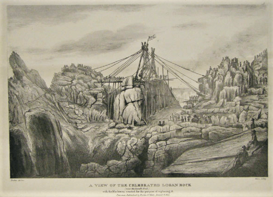 Hoisting the Logan Rock into place 1824