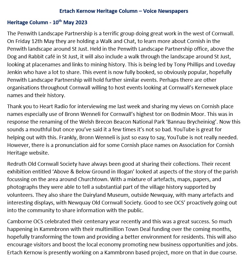 Ertach Kernow Heritage Column - 10th May 2023