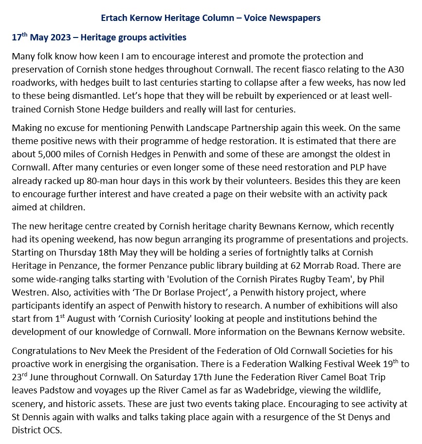 Ertach Kernow Heritage Column - 17th May 2023 - Heritage Group Activities