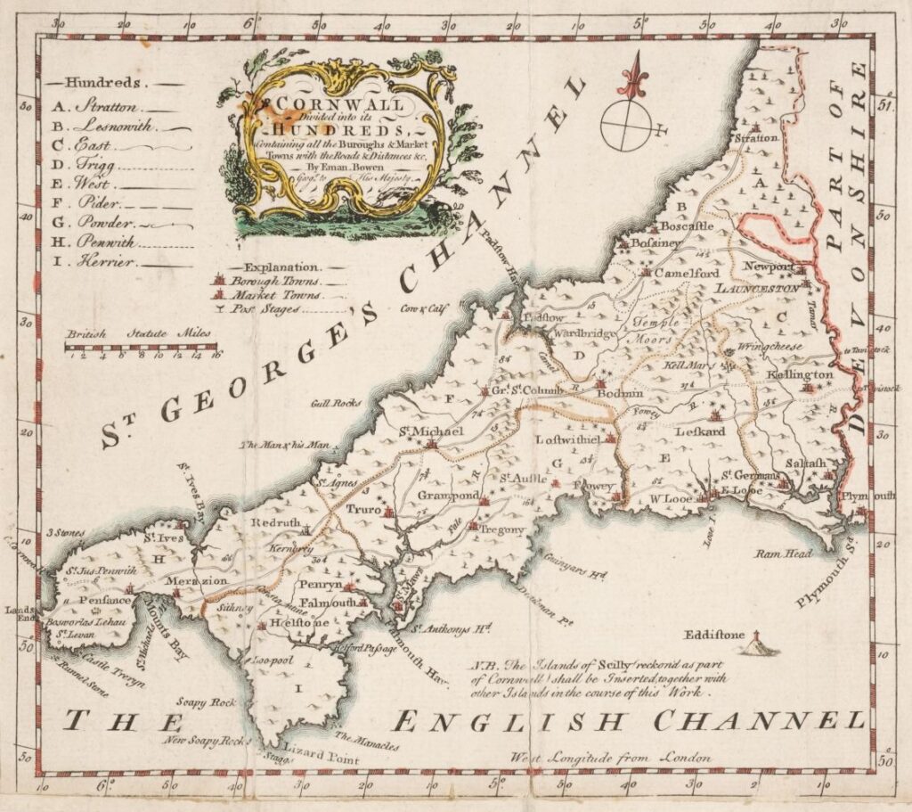 18th century Map of Cornwall Naming the Hundreds