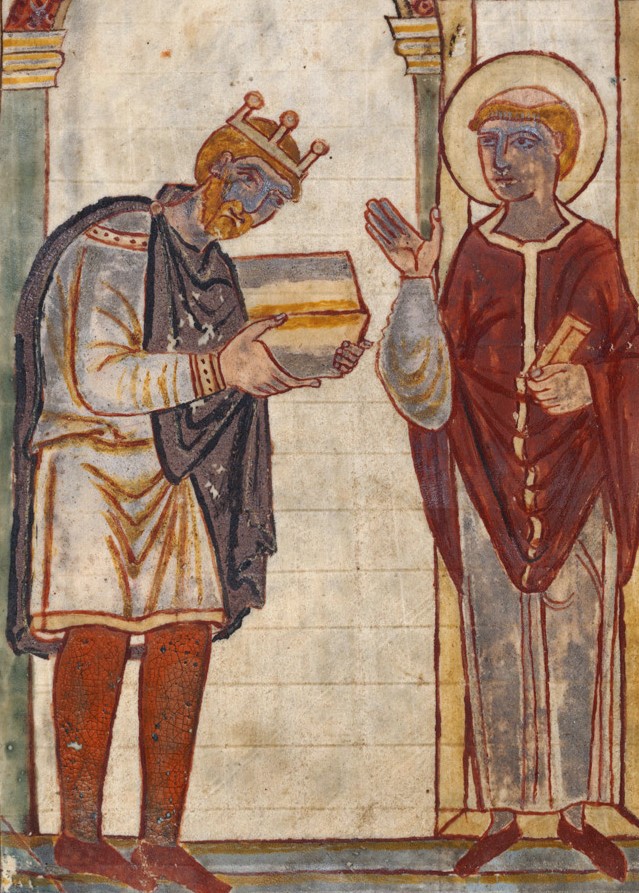 Æthelstan presenting a book to St Cuthbert, an illustration in a manuscript of Bede's Life of Saint Cuthbert,