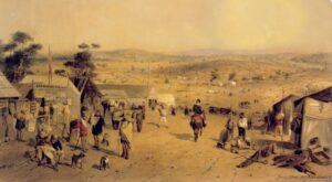The first village developed on the Mount Alexander goldfields at Chewton (then known as Forest Creek) near Castlemaine in 1852, painted by Samuel Thomas Gill