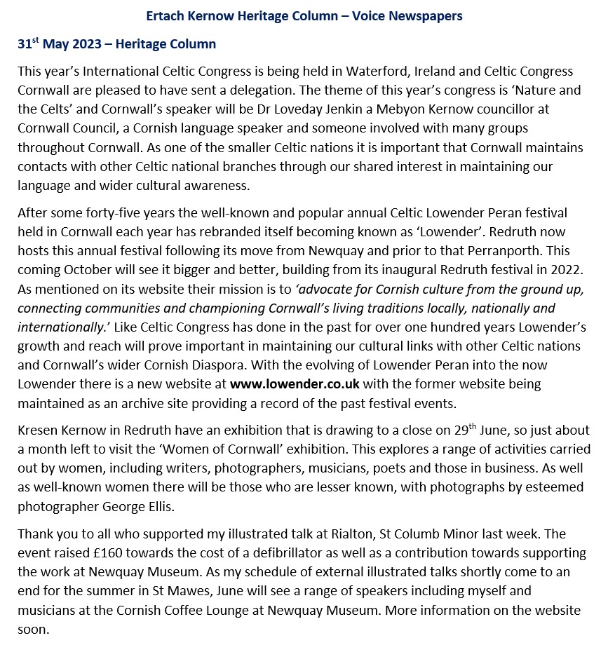 Ertach Kernow Heritage Column - 31st May 2023 - Lowender - Kresen Kernow - Celtic Congress Cornwall