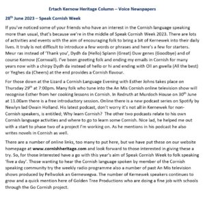 Ertach Kernow Heritage Column - 28th June 2023 - Speak Cornish Week