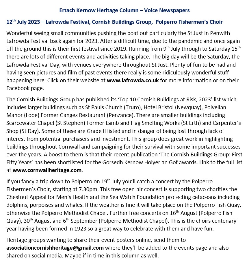 Ertach Kernow Heritage Column - 12th July 2023
Lafrowda, Cornish Buildings Group, Polperro Fishermen's Choir