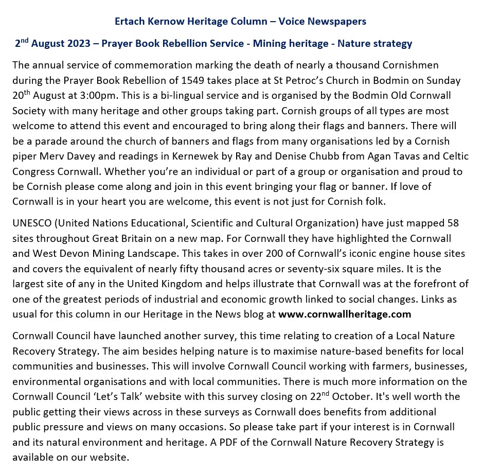 Ertach Kernow Heritage Column - 2nd August 2023 - Prayer Book Rebellion, Mining heritage, Nature strategy